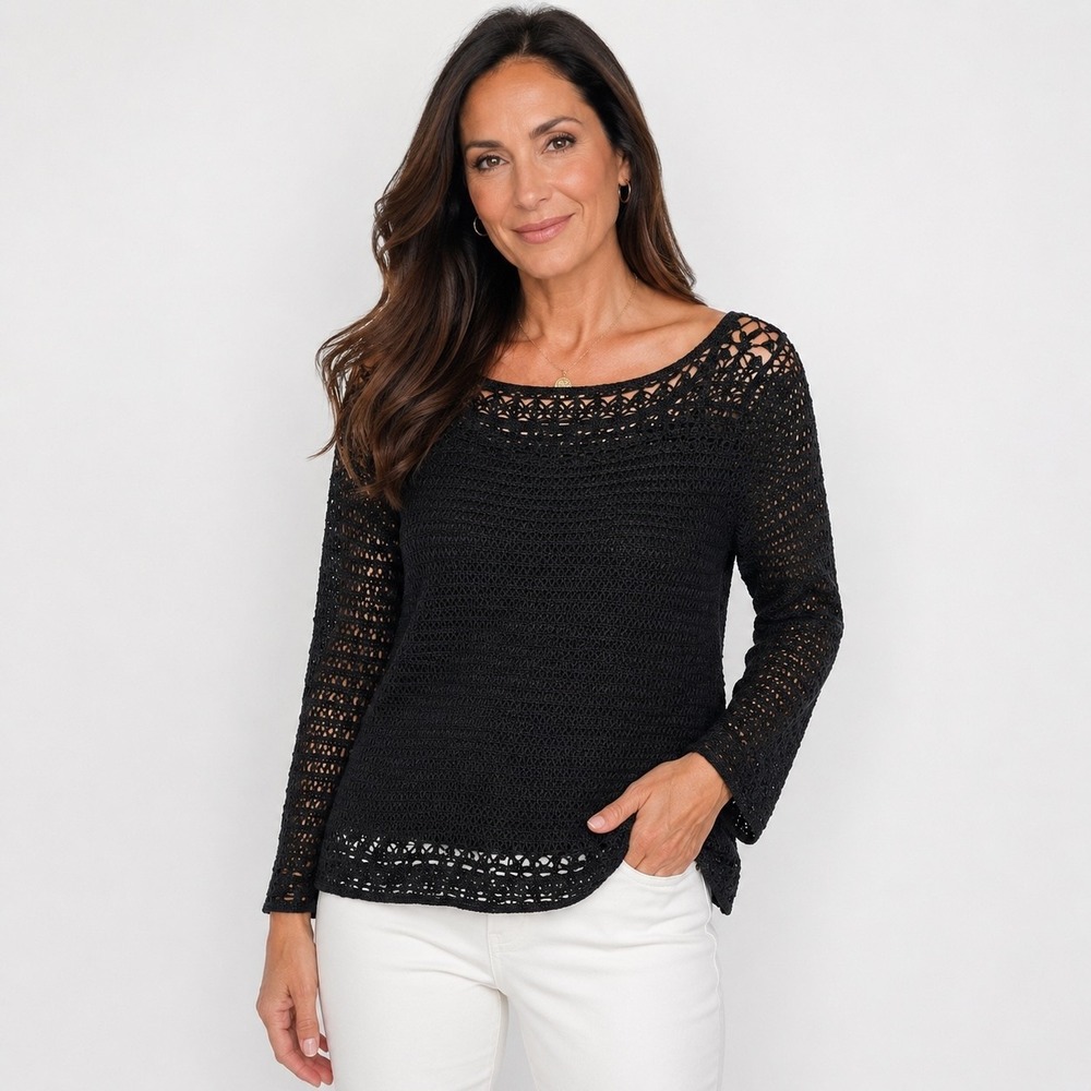 Alfani Crochet Knit Top Womens L Black Lined Pullover Long Sleeve Boho Casual